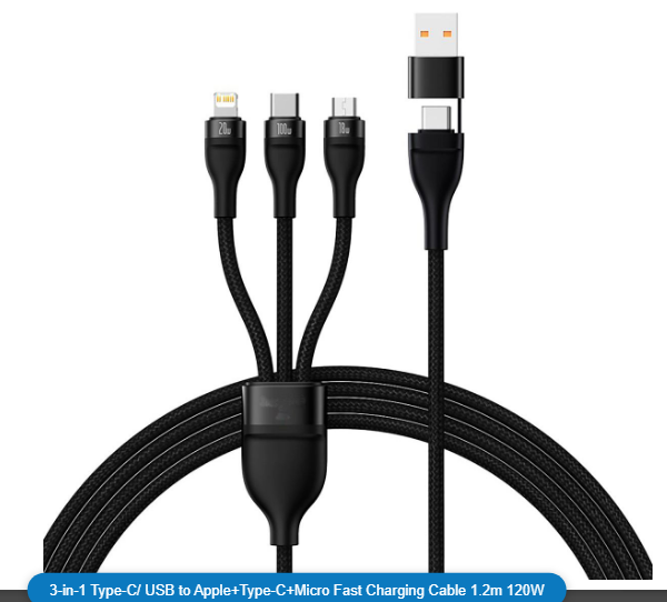 3-in-1 Type-C/ USB to Apple+Type-C+Micro Fast Charging Cable 1.2m 120W