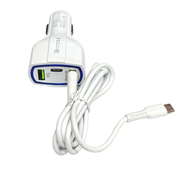 Fast Charging - 3 Port Car Charger 2 USB And 1 Type C With Type Cable