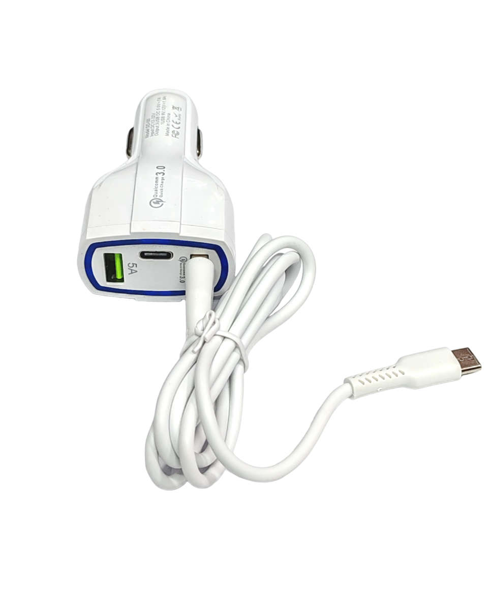 Fast Charging - 3 Port Car Charger 2 USB And 1 Type C With Type Cable