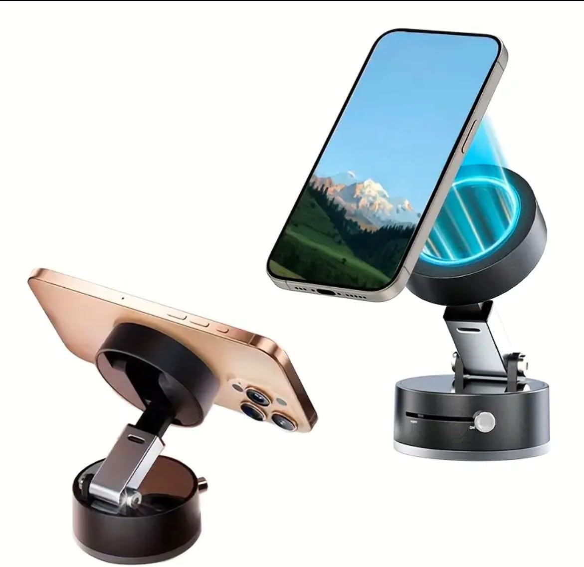 Foldable Vacuum Magnetic Phone Holder, 360 Degree Rotating, Universal Car Mount, Electric Suction Cup for Shower/Mirror, Car/Home Phone holder. Compatible to IOS and Android phones