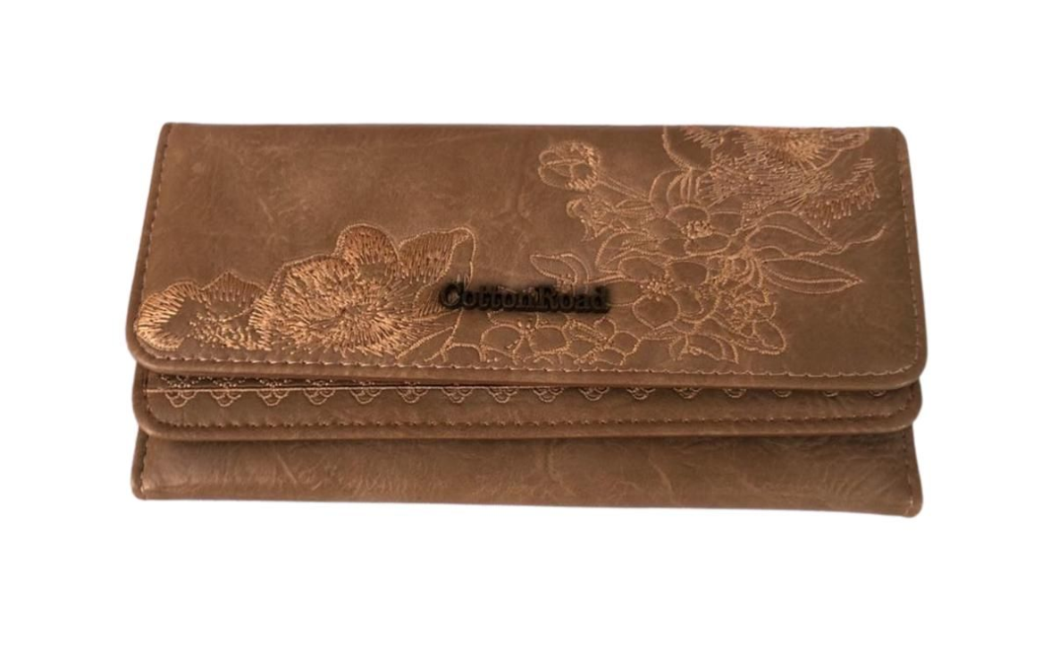 Cotton Road 2 Sections Floral Embroidered Wallet- Khaki